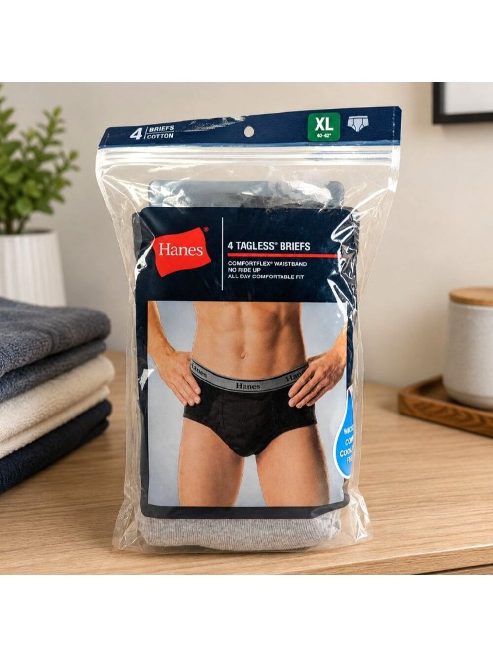 Hanes Mens XL Tagless Briefs 4-Pack Cotton Comfort Waistband Gray - NEW